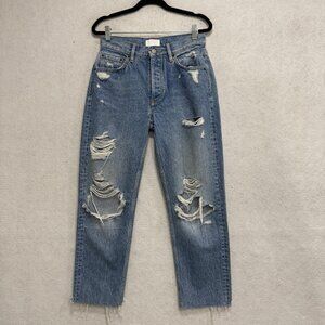 Boyish Tommy Jeans Womens 26 Blue High Rise Straight Distressed Denim Raw Hem